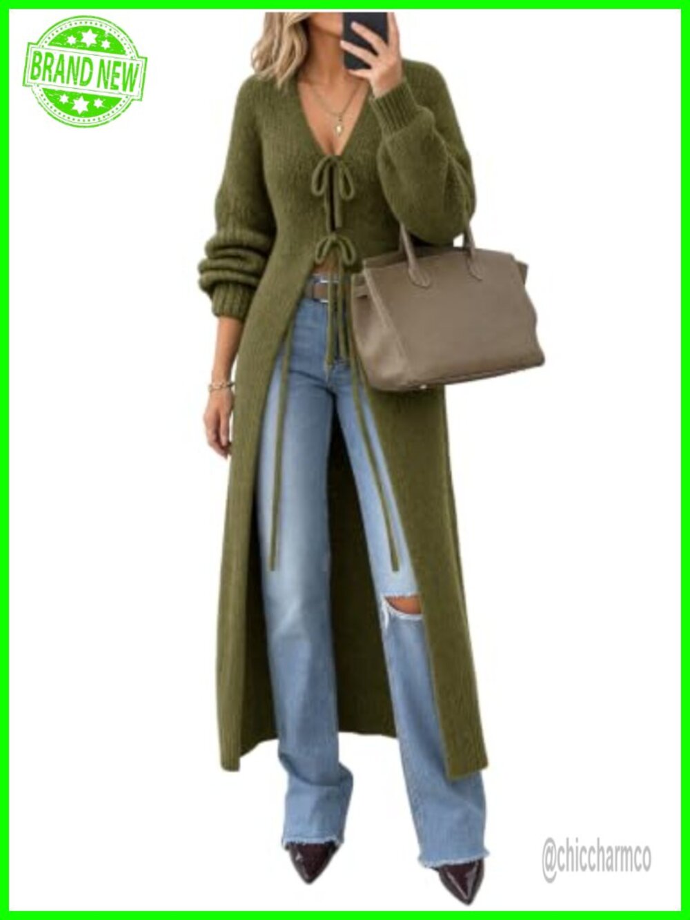 Women's Oversized Bow Tie Front Long Cardigan Sweater Chunky Knit Fall Winter